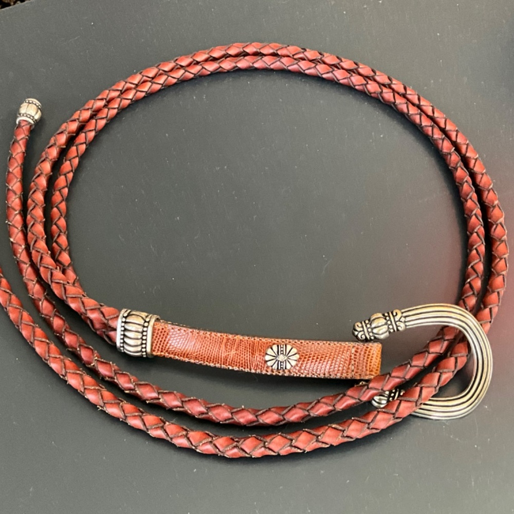 BRIGHTON LARIAT BELT IN COGNAC BROWN LEATHER WITH SILVER TONE HARDWARE. LIKE NEW